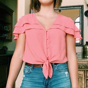 Maison Jules Pink Ruffle Button Up Blouse